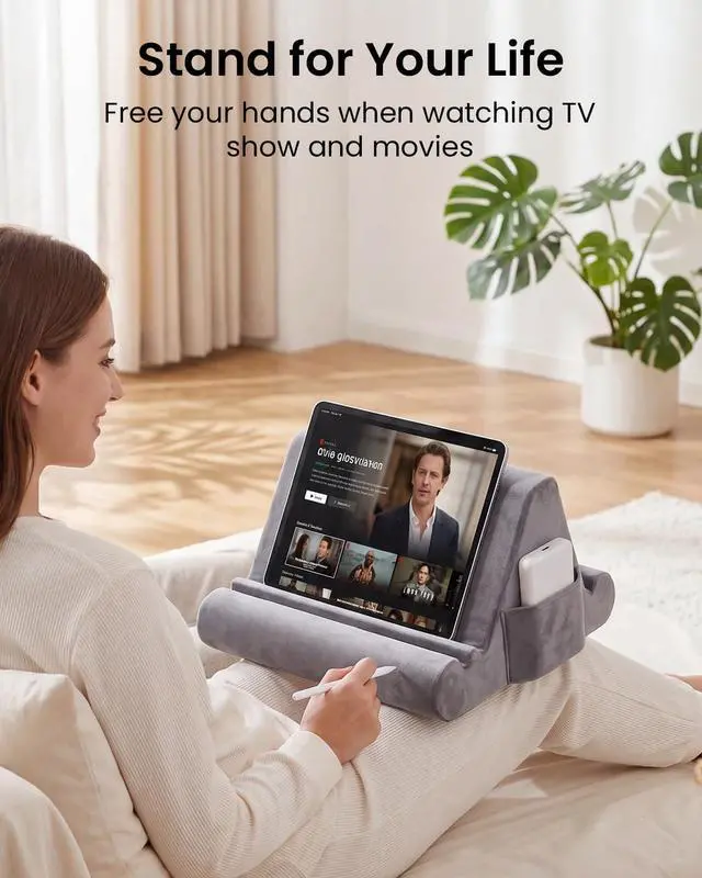 Alt view image 2 of 7 - Tablet Pillow Stand, Soft Pillow Pad for Lap, Tablet Holder Dock for Bed with 3 Viewing Angles, Pocket, Stylus Mount, Compatible with iPad Pro 13, 10.5, 9.7 Air, Mini, Galaxy Tab, E-Reader