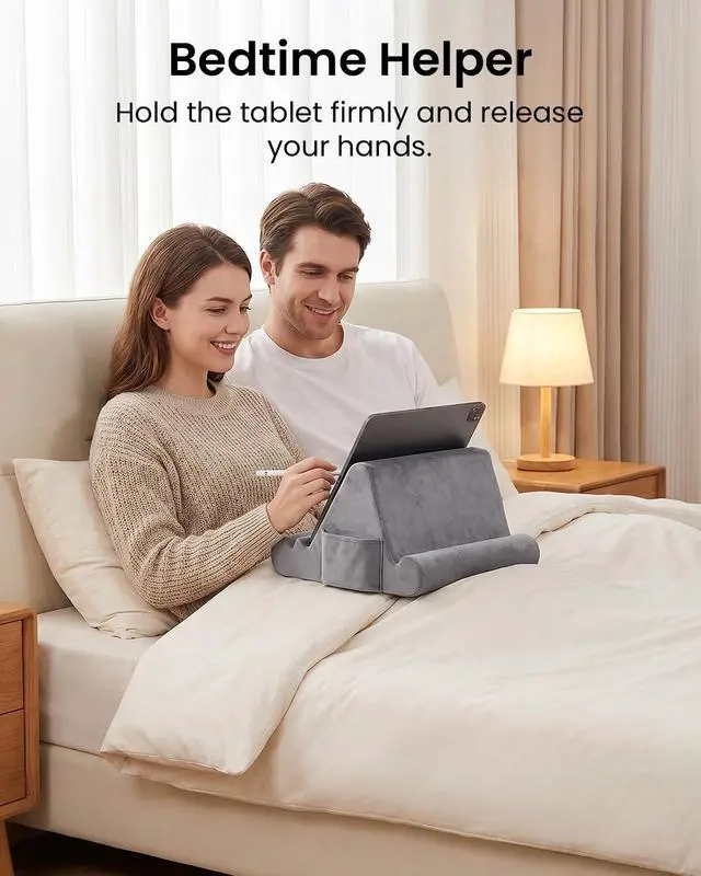 Alt view image 4 of 7 - Tablet Pillow Stand, Soft Pillow Pad for Lap, Tablet Holder Dock for Bed with 3 Viewing Angles, Pocket, Stylus Mount, Compatible with iPad Pro 13, 10.5, 9.7 Air, Mini, Galaxy Tab, E-Reader