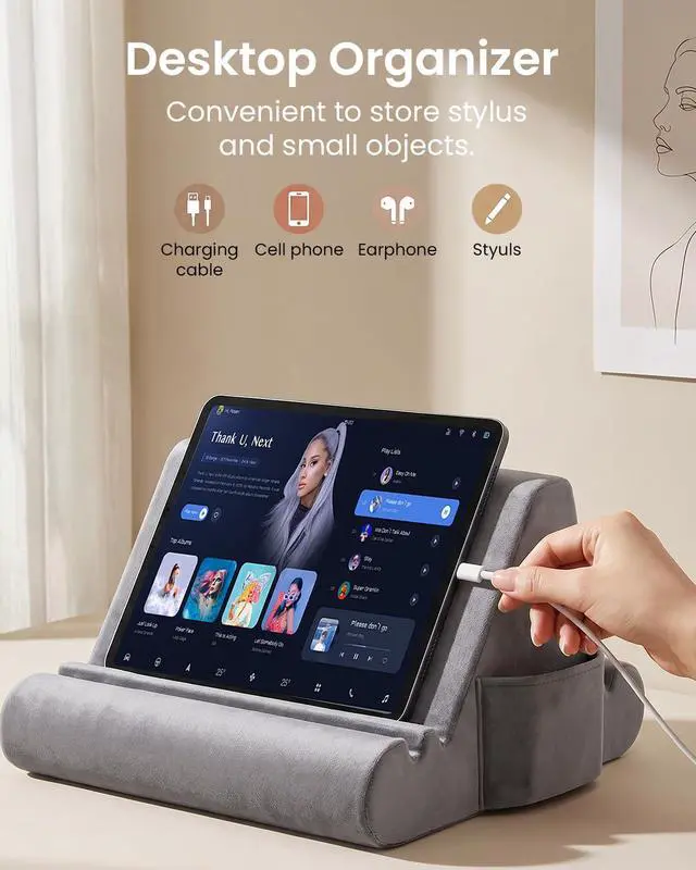 Alt view image 3 of 7 - Tablet Pillow Stand, Soft Pillow Pad for Lap, Tablet Holder Dock for Bed with 3 Viewing Angles, Pocket, Stylus Mount, Compatible with iPad Pro 13, 10.5, 9.7 Air, Mini, Galaxy Tab, E-Reader