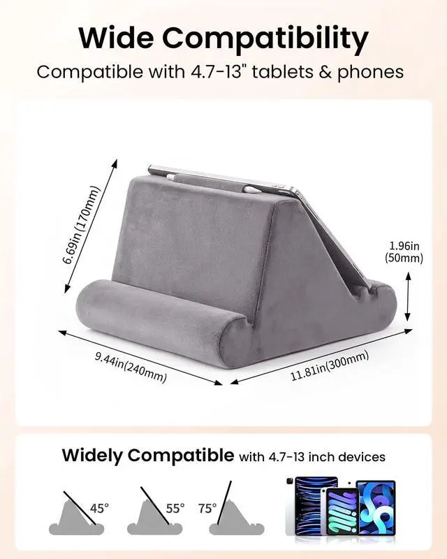 Alt view image 5 of 7 - Tablet Pillow Stand, Soft Pillow Pad for Lap, Tablet Holder Dock for Bed with 3 Viewing Angles, Pocket, Stylus Mount, Compatible with iPad Pro 13, 10.5, 9.7 Air, Mini, Galaxy Tab, E-Reader