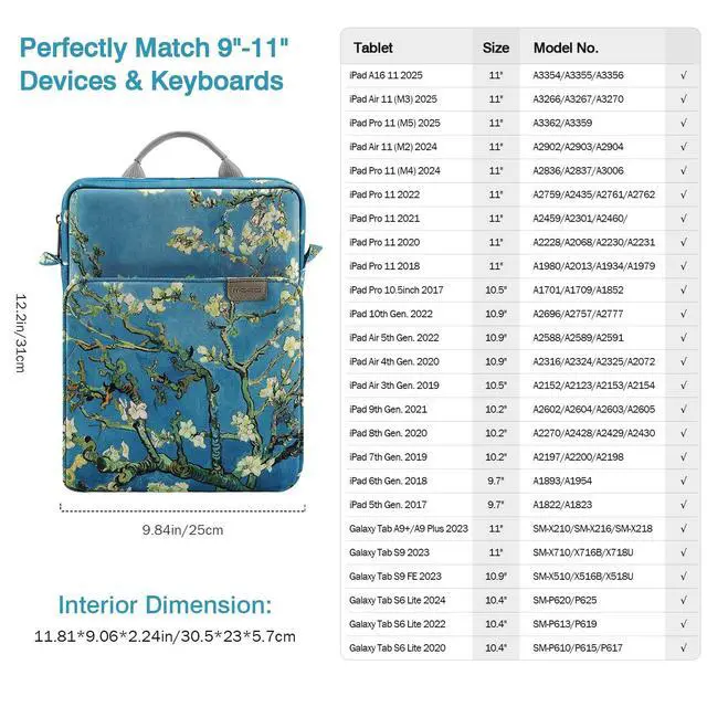 Alt view image 2 of 7 - 9-11 Inch Tablet Sleeve Bag Handle Carrying Case with Shoulder Strap for iPad Pro, Air, 10th, 9/8/7, Air 5/4, Tab S8/S9, Apricot Flower