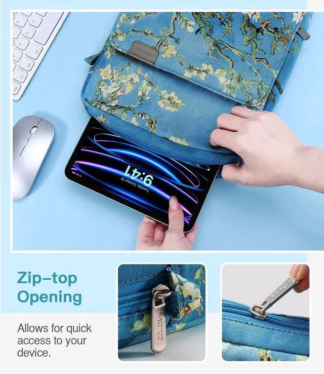 Alt view image 6 of 7 - 9-11 Inch Tablet Sleeve Bag Handle Carrying Case with Shoulder Strap for iPad Pro, Air, 10th, 9/8/7, Air 5/4, Tab S8/S9, Apricot Flower