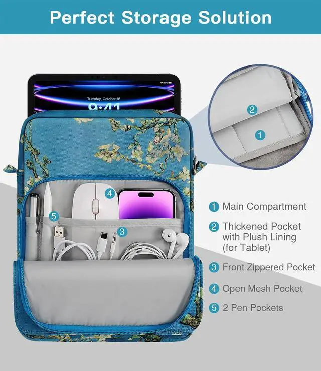 Alt view image 5 of 7 - 9-11 Inch Tablet Sleeve Bag Handle Carrying Case with Shoulder Strap for iPad Pro, Air, 10th, 9/8/7, Air 5/4, Tab S8/S9, Apricot Flower