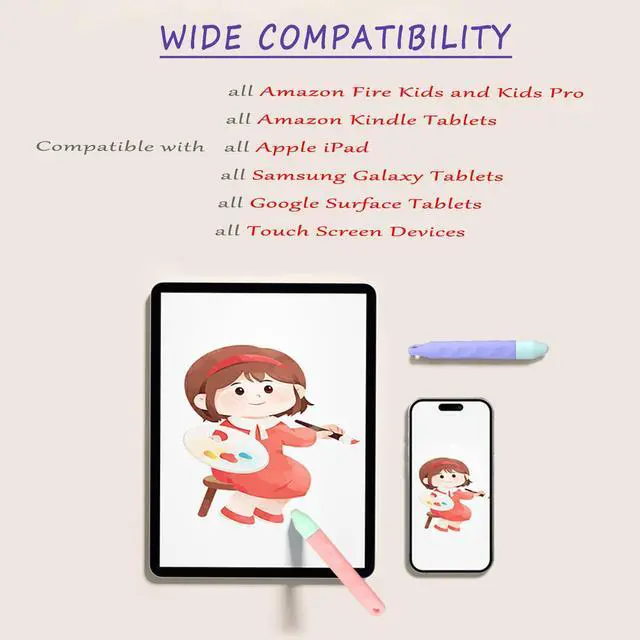 Alt view image 4 of 6 - Kid-Friendly Tablet Stylus with Tether, 2 Pack of Pink and Purple Kids Stylus Pen for iPad, Fire Tablet, All AMZ Fire Kids and Kids Pro, Sufface Tablets, Samsung Tablets and All Touch Screen Devices