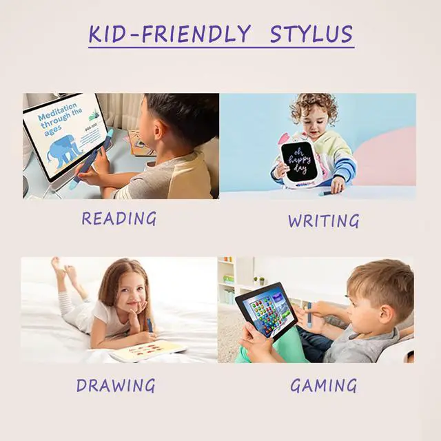 Alt view image 5 of 6 - Kid-Friendly Tablet Stylus with Tether, 2 Pack of Pink and Purple Kids Stylus Pen for iPad, Fire Tablet, All AMZ Fire Kids and Kids Pro, Sufface Tablets, Samsung Tablets and All Touch Screen Devices