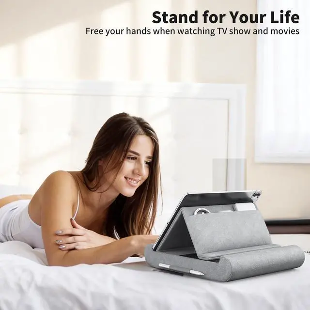 Alt view image 2 of 7 - Tablet Pillow Stand, Foldable Tablet Holder for Lap, Bed and Desk, Soft Pillow Pad with Pocket and Stylus Mount, for 4-13" Tablets, Like iPad Pro 11, 13, Air, Mini, Kindle, Galaxy Tab, Grey