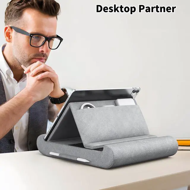 Alt view image 3 of 7 - Tablet Pillow Stand, Foldable Tablet Holder for Lap, Bed and Desk, Soft Pillow Pad with Pocket and Stylus Mount, for 4-13" Tablets, Like iPad Pro 11, 13, Air, Mini, Kindle, Galaxy Tab, Grey
