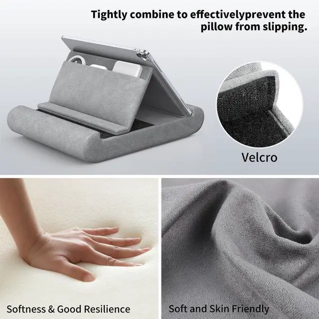 Alt view image 4 of 7 - Tablet Pillow Stand, Foldable Tablet Holder for Lap, Bed and Desk, Soft Pillow Pad with Pocket and Stylus Mount, for 4-13" Tablets, Like iPad Pro 11, 13, Air, Mini, Kindle, Galaxy Tab, Grey