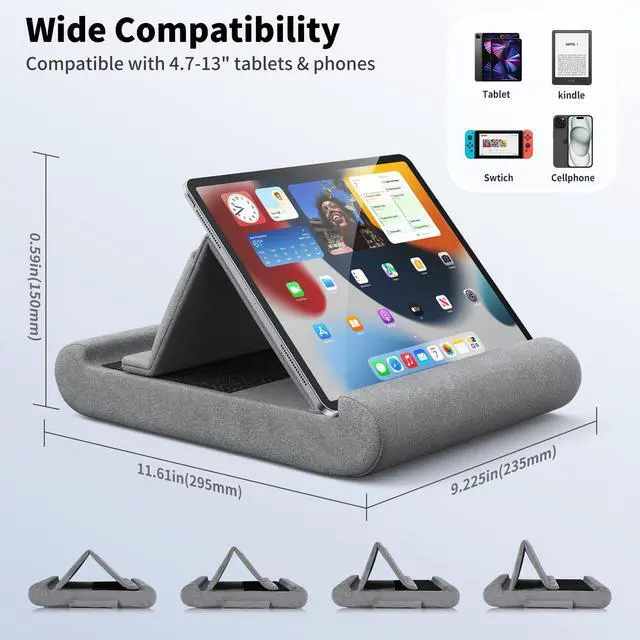 Alt view image 5 of 7 - Tablet Pillow Stand, Foldable Tablet Holder for Lap, Bed and Desk, Soft Pillow Pad with Pocket and Stylus Mount, for 4-13" Tablets, Like iPad Pro 11, 13, Air, Mini, Kindle, Galaxy Tab, Grey