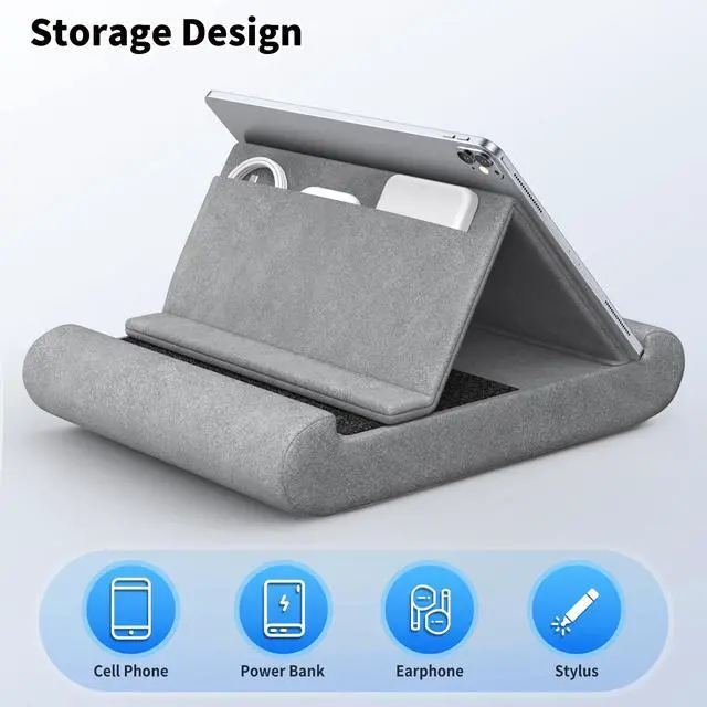 Alt view image 6 of 7 - Tablet Pillow Stand, Foldable Tablet Holder for Lap, Bed and Desk, Soft Pillow Pad with Pocket and Stylus Mount, for 4-13" Tablets, Like iPad Pro 11, 13, Air, Mini, Kindle, Galaxy Tab, Grey