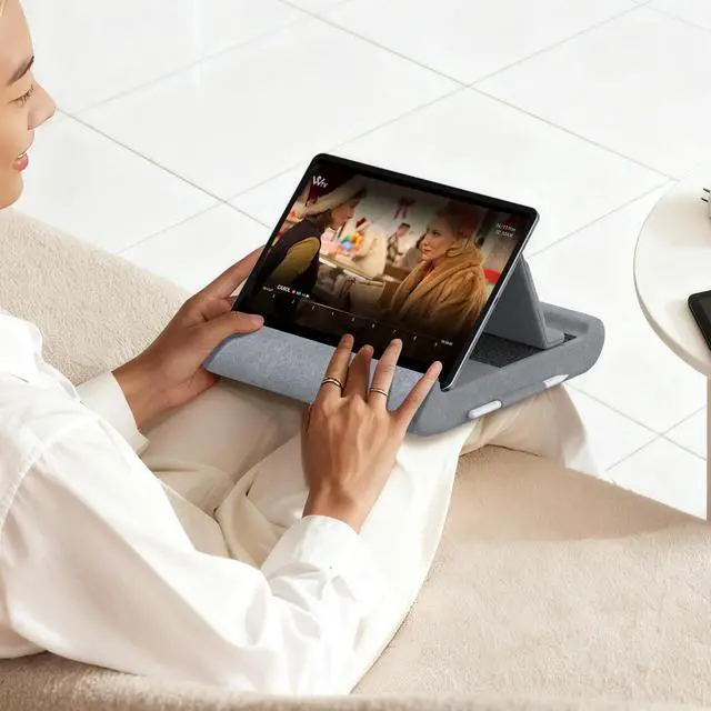 Alt view image 7 of 7 - Tablet Pillow Stand, Foldable Tablet Holder for Lap, Bed and Desk, Soft Pillow Pad with Pocket and Stylus Mount, for 4-13" Tablets, Like iPad Pro 11, 13, Air, Mini, Kindle, Galaxy Tab, Grey