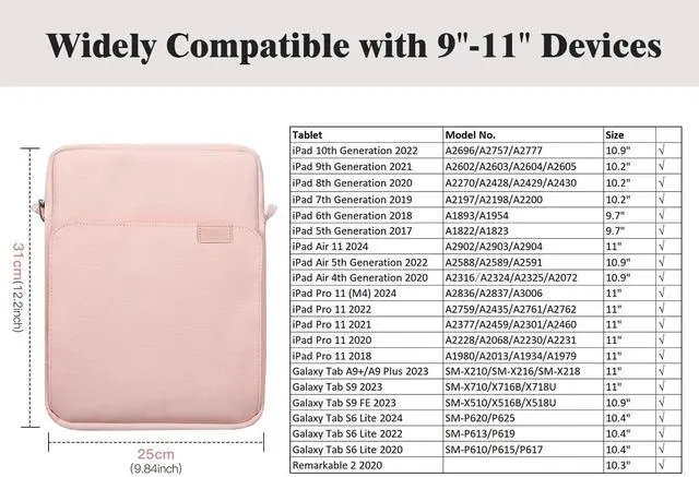 Alt view image 2 of 7 - 9-11 Inch Tablet Sleeve Bag with Shoulder Strap for iPad 11-inch A16 2025, iPad 10th Gen. 10.9"/10.2", Galaxy Tab A9+/A11Plus 11", Pink