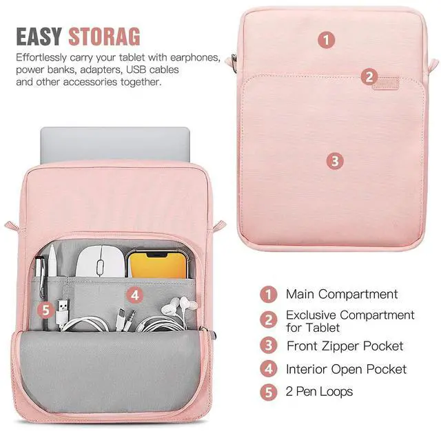 Alt view image 3 of 7 - 9-11 Inch Tablet Sleeve Bag with Shoulder Strap for iPad 11-inch A16 2025, iPad 10th Gen. 10.9"/10.2", Galaxy Tab A9+/A11Plus 11", Pink