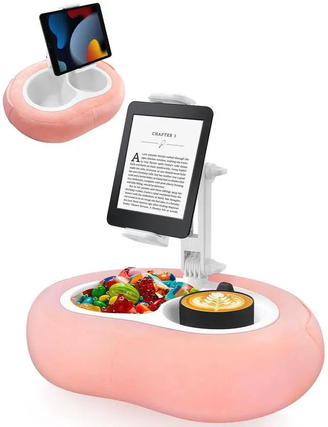Main image of Tablet Pillow Stand, Compatible with 5"-12.9" Kindle, iPad, Phone/Tablet, Google, Samsung, 360° Rotating Phone Holder for Bed, Soft Plush Fabric, Detachable Bowl, Reading and Relaxation on Bed, Pink
