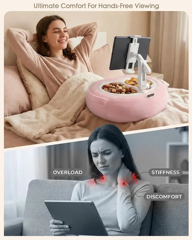 Alt view image 2 of 7 - Tablet Pillow Stand, Compatible with 5"-12.9" Kindle, iPad, Phone/Tablet, Google, Samsung, 360° Rotating Phone Holder for Bed, Soft Plush Fabric, Detachable Bowl, Reading and Relaxation on Bed, Pink