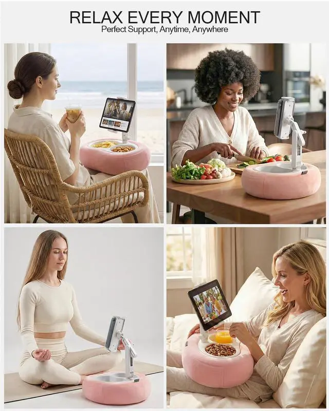 Alt view image 3 of 7 - Tablet Pillow Stand, Compatible with 5"-12.9" Kindle, iPad, Phone/Tablet, Google, Samsung, 360° Rotating Phone Holder for Bed, Soft Plush Fabric, Detachable Bowl, Reading and Relaxation on Bed, Pink