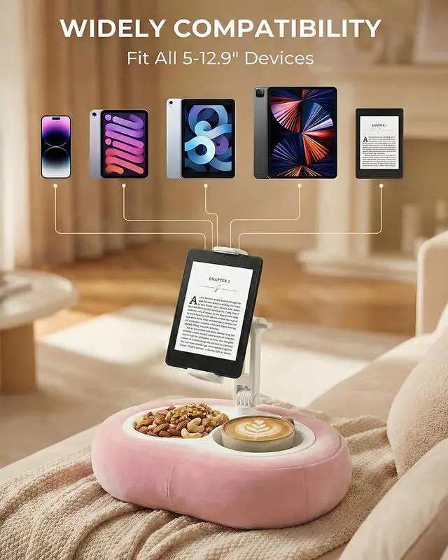 Alt view image 4 of 7 - Tablet Pillow Stand, Compatible with 5"-12.9" Kindle, iPad, Phone/Tablet, Google, Samsung, 360° Rotating Phone Holder for Bed, Soft Plush Fabric, Detachable Bowl, Reading and Relaxation on Bed, Pink