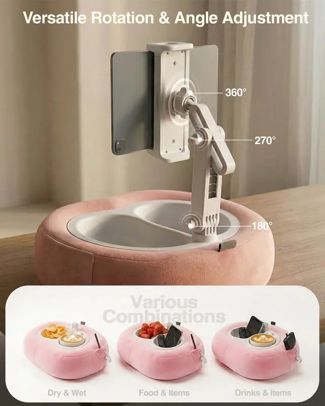 Alt view image 5 of 7 - Tablet Pillow Stand, Compatible with 5"-12.9" Kindle, iPad, Phone/Tablet, Google, Samsung, 360° Rotating Phone Holder for Bed, Soft Plush Fabric, Detachable Bowl, Reading and Relaxation on Bed, Pink