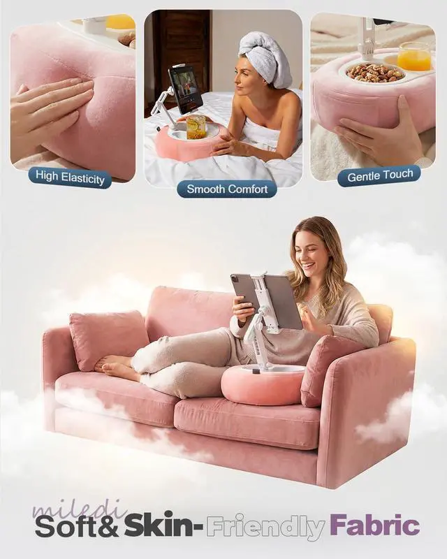 Alt view image 7 of 7 - Tablet Pillow Stand, Compatible with 5"-12.9" Kindle, iPad, Phone/Tablet, Google, Samsung, 360° Rotating Phone Holder for Bed, Soft Plush Fabric, Detachable Bowl, Reading and Relaxation on Bed, Pink