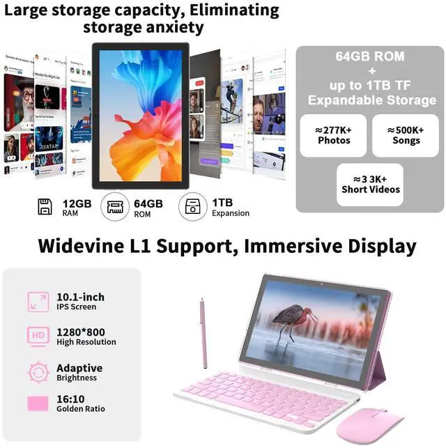 Alt view image 4 of 7 - Android 16 Tablet 10 Inch, 12(3+9) GB RAM+64GB ROM, 2 in 1 Tablets with Keyboard Case Mouse Stylus, 2.0GHz Five-core Processor, 1280 * 800 IPS HD Screen, 5G WiFi6 BT 5.3 Tableta PC(Pink)