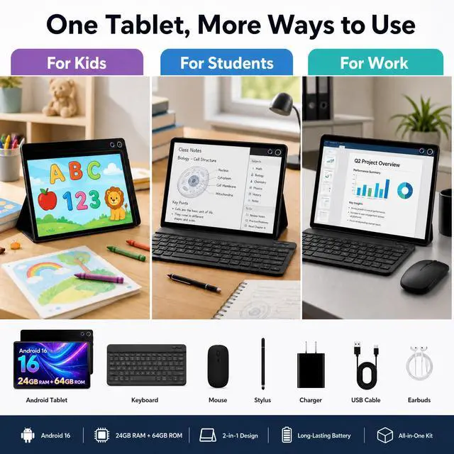 Alt view image 2 of 7 - Android 16 Tablet 10.1 Inch, 2-in-1 Tablet Bundle with Keyboard, Wireless Mouse, Stylus, Leather Case, Dual Camera, 64GB Storage+1TB Expansion, Portable Laptop for Students & Business