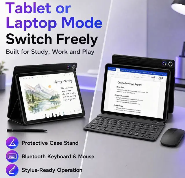 Alt view image 3 of 7 - Android 16 Tablet 10.1 Inch, 2-in-1 Tablet Bundle with Keyboard, Wireless Mouse, Stylus, Leather Case, Dual Camera, 64GB Storage+1TB Expansion, Portable Laptop for Students & Business
