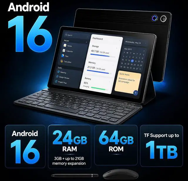 Alt view image 4 of 7 - Android 16 Tablet 10.1 Inch, 2-in-1 Tablet Bundle with Keyboard, Wireless Mouse, Stylus, Leather Case, Dual Camera, 64GB Storage+1TB Expansion, Portable Laptop for Students & Business