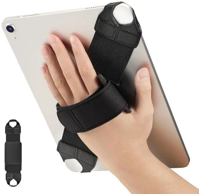 Main image of Universal Tablet Hand Strap Holder for 9-11 Inch Tablets eReaders, 360 Degrees Swivel PU Leather Secure Portable Adjustable Handle Grip for iPad, Galaxy Tab and 9-11" Tablets, Black