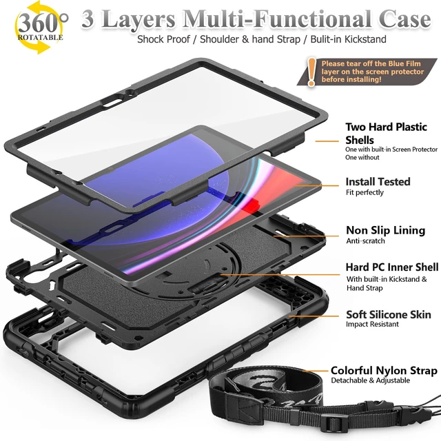 Alt view image 7 of 7 - Case for Samsung Galaxy Tab S10 Lite / S10 FE / S9 FE 5G / S9 Tablet Case 10.9''/ 11'' Protective with Screen Protector, Pen Holder, 360 Rotate Stand, Hand Strap, Shoulder Strap, Black1