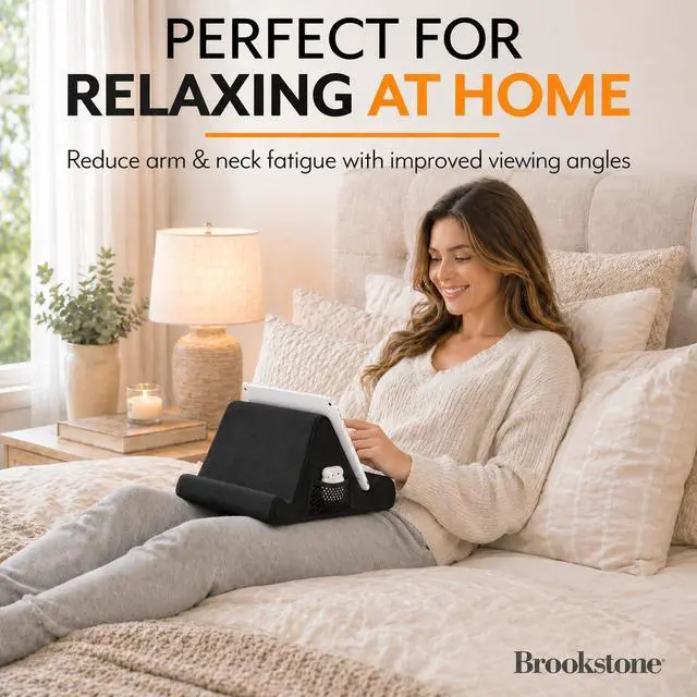 Alt view image 2 of 7 - Tablet Lap Cushion - Tablet and Phone Holder for Bed, Flights, and Travel, Two Angled Memory Foam Lap Desk for Reading and Hands Free Viewing, Compatible iPad and Kindle Accessories, Black