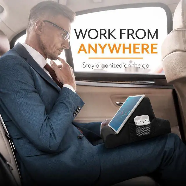 Alt view image 5 of 7 - Tablet Lap Cushion - Tablet and Phone Holder for Bed, Flights, and Travel, Two Angled Memory Foam Lap Desk for Reading and Hands Free Viewing, Compatible iPad and Kindle Accessories, Black