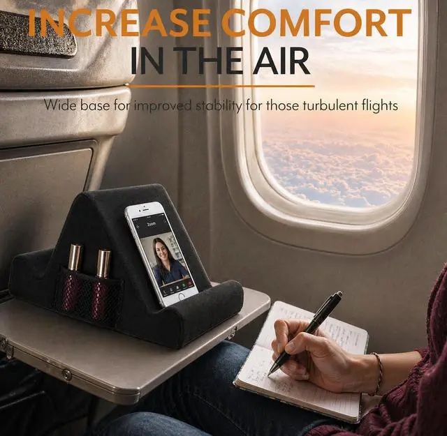 Alt view image 3 of 7 - Tablet Lap Cushion - Tablet and Phone Holder for Bed, Flights, and Travel, Two Angled Memory Foam Lap Desk for Reading and Hands Free Viewing, Compatible iPad and Kindle Accessories, Black