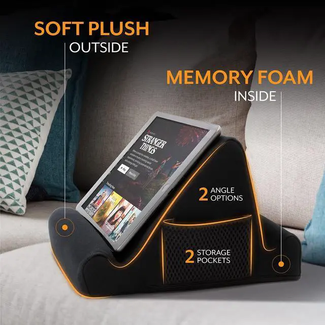 Alt view image 6 of 7 - Tablet Lap Cushion - Tablet and Phone Holder for Bed, Flights, and Travel, Two Angled Memory Foam Lap Desk for Reading and Hands Free Viewing, Compatible iPad and Kindle Accessories, Black