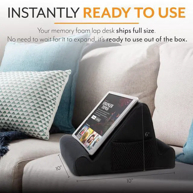 Alt view image 7 of 7 - Tablet Lap Cushion - Tablet and Phone Holder for Bed, Flights, and Travel, Two Angled Memory Foam Lap Desk for Reading and Hands Free Viewing, Compatible iPad and Kindle Accessories, Black