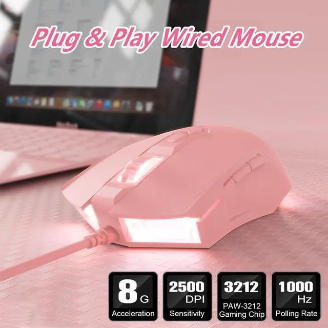 Alt view image 2 of 7 - AJ52 RGB Wired Gaming Mouse, 7 Programmable Buttons, Computer Mice with RGB Lighting, 200-4800 DPI Adjustable, for PC/Laptop (Pink)