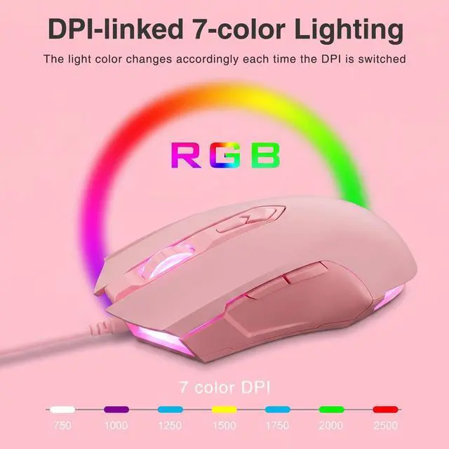 Alt view image 3 of 7 - AJ52 RGB Wired Gaming Mouse, 7 Programmable Buttons, Computer Mice with RGB Lighting, 200-4800 DPI Adjustable, for PC/Laptop (Pink)