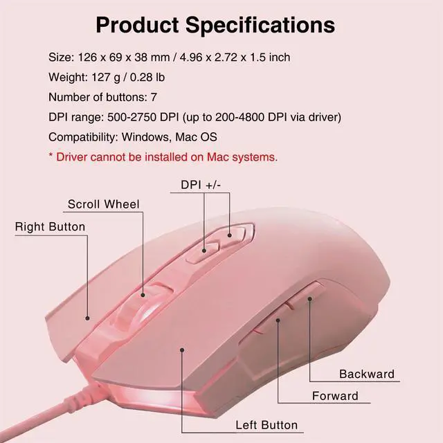 Alt view image 6 of 7 - AJ52 RGB Wired Gaming Mouse, 7 Programmable Buttons, Computer Mice with RGB Lighting, 200-4800 DPI Adjustable, for PC/Laptop (Pink)