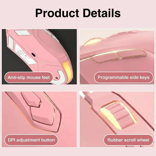 Alt view image 7 of 7 - AJ52 RGB Wired Gaming Mouse, 7 Programmable Buttons, Computer Mice with RGB Lighting, 200-4800 DPI Adjustable, for PC/Laptop (Pink)