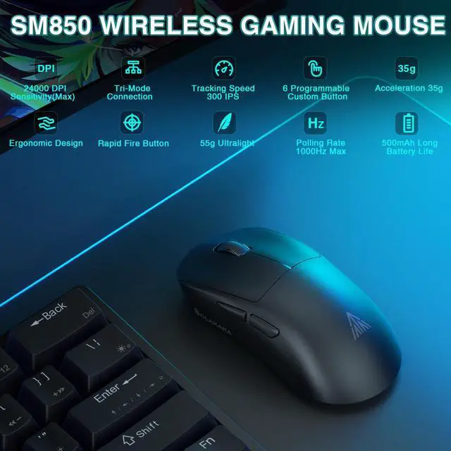 Alt view image 2 of 7 - SOLAKAKA SM850 Gaming Mouse Wireless, 24000 DPI, 55g Lightweight Mouse Gaming, 6 Programmable Buttons, Ergonomic Computer Mouse, Tri-Mode BT5.1/2.4G/USB-C 250h Battery Life PC Gamer Mice for Laptop