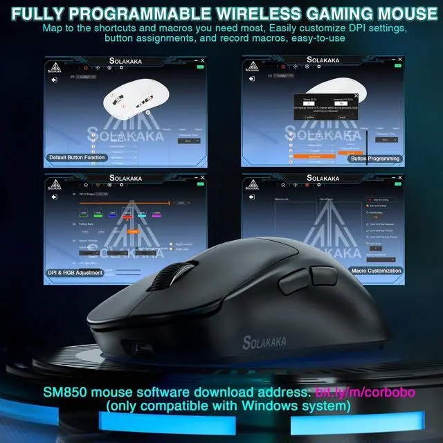 Alt view image 5 of 7 - SOLAKAKA SM850 Gaming Mouse Wireless, 24000 DPI, 55g Lightweight Mouse Gaming, 6 Programmable Buttons, Ergonomic Computer Mouse, Tri-Mode BT5.1/2.4G/USB-C 250h Battery Life PC Gamer Mice for Laptop