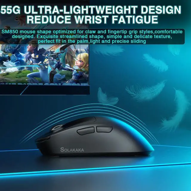 Alt view image 7 of 7 - SOLAKAKA SM850 Gaming Mouse Wireless, 24000 DPI, 55g Lightweight Mouse Gaming, 6 Programmable Buttons, Ergonomic Computer Mouse, Tri-Mode BT5.1/2.4G/USB-C 250h Battery Life PC Gamer Mice for Laptop