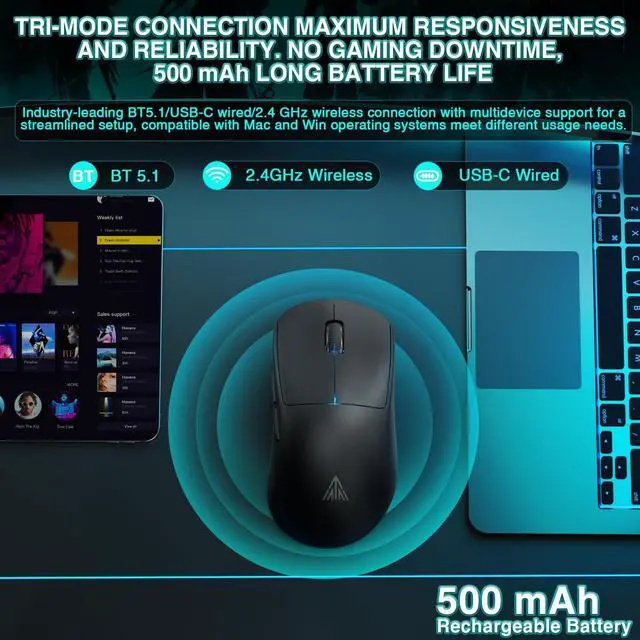 Alt view image 6 of 7 - SOLAKAKA SM850 Gaming Mouse Wireless, 24000 DPI, 55g Lightweight Mouse Gaming, 6 Programmable Buttons, Ergonomic Computer Mouse, Tri-Mode BT5.1/2.4G/USB-C 250h Battery Life PC Gamer Mice for Laptop