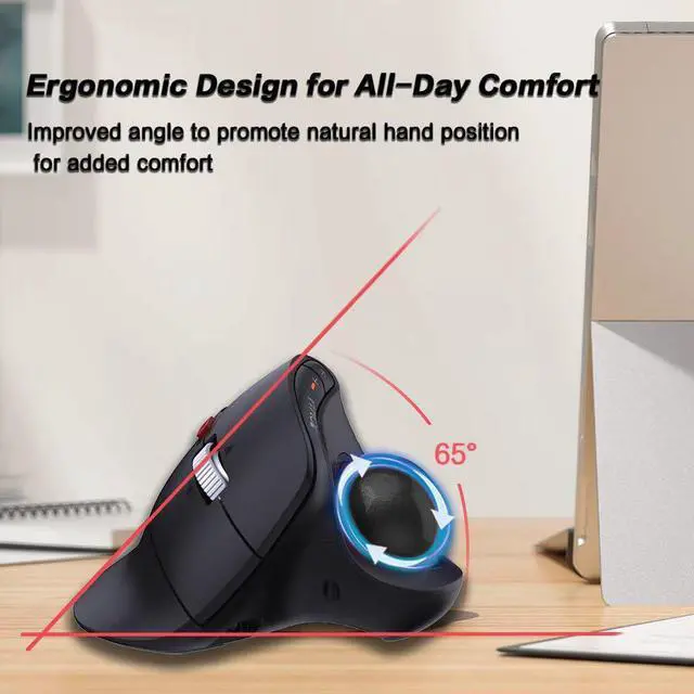 Alt view image 2 of 5 - Wireless Vertical Trackball Mouse - Ergonomic Design, 3-Device Switching, 2.4G/Bluetooth 5.0, Rechargeable Type-C, Adjustable DPI, Compatible with Windows/macOS/iOS/Android (Black)