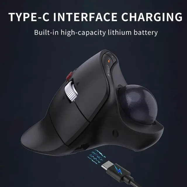 Alt view image 4 of 5 - Wireless Vertical Trackball Mouse - Ergonomic Design, 3-Device Switching, 2.4G/Bluetooth 5.0, Rechargeable Type-C, Adjustable DPI, Compatible with Windows/macOS/iOS/Android (Black)