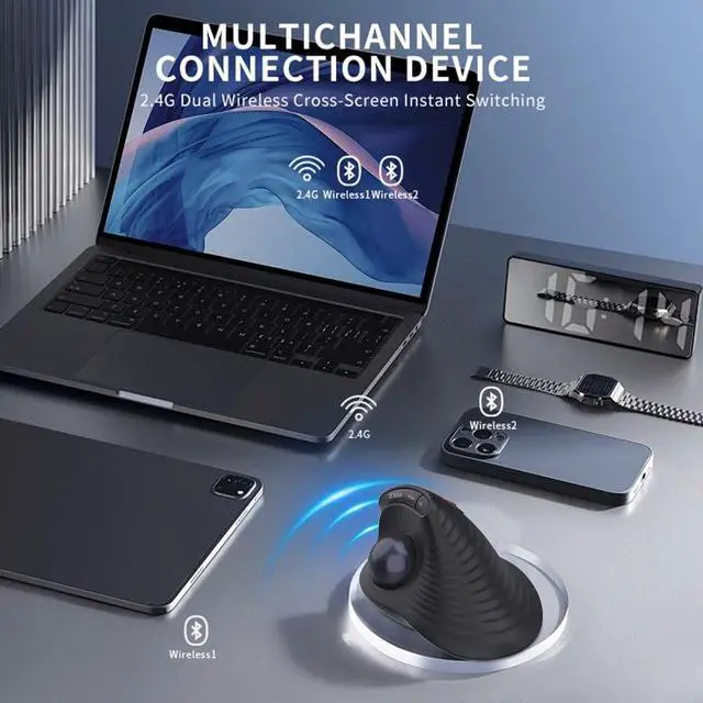 Alt view image 5 of 5 - Wireless Vertical Trackball Mouse - Ergonomic Design, 3-Device Switching, 2.4G/Bluetooth 5.0, Rechargeable Type-C, Adjustable DPI, Compatible with Windows/macOS/iOS/Android (Black)