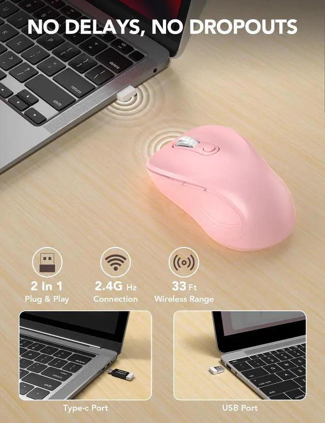 Alt view image 3 of 7 - Wireless Mouse for Laptop, 2.4GHz Ergonomic Computer Mouse with Back & Forward Buttons, 3 Adjustable DPI Levels, 6 Buttons, Optical USB Cordless Mice for Windows MacBook PC, M01 (Baby Pink)