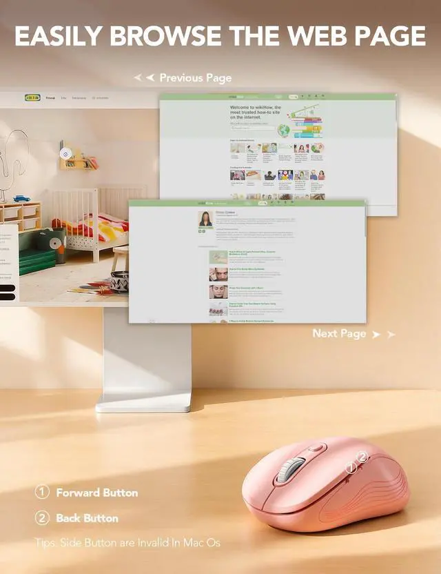 Alt view image 5 of 7 - Wireless Mouse for Laptop, 2.4GHz Ergonomic Computer Mouse with Back & Forward Buttons, 3 Adjustable DPI Levels, 6 Buttons, Optical USB Cordless Mice for Windows MacBook PC, M01 (Baby Pink)