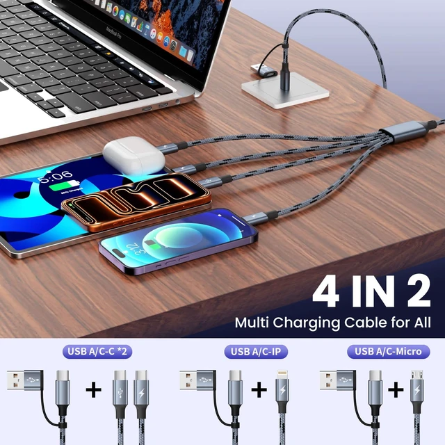 Alt view image 2 of 7 - 4 in 2 USB C Multi charging Cable, 5FT Charging Cords with Micro USB Cable | Chargers for Multiple Devices with Type C/iP, Nylon Braided Cell Phone Charger for Travel/Car Charger/PS/8-17 2Pack