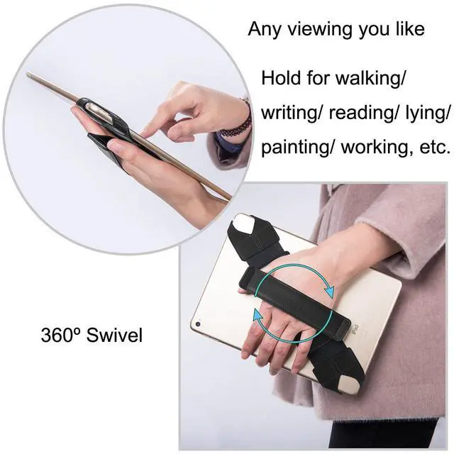 Alt view image 6 of 7 - Tablet Hand Strap 10 Inch, Fits Over Protective Case, 360° Swivel Grip, iPad 9th 10th Gen Samsung Galaxy Tab, Artists Reading, Black