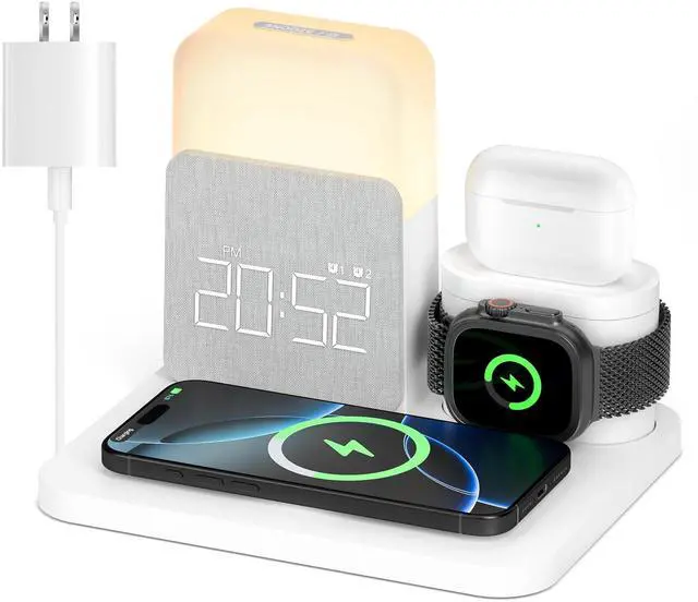 Main image of Alarm Clock with Wireless Charger for Bedrooms, 6 in 1 Wireless Charging Station, Magnetic Charger with Night Light Bedside Clock for iPhone 16 15 14 13 12 Pro Max, Apple Watch, AirPods